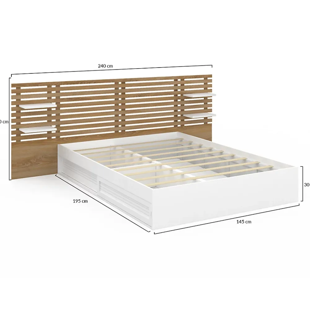 IDMarket Lit double SAVANA avec tête de lit, chevets, rangements et sommier 140 x 190 cm blanc et façon hêtre* Lit Avec Rangement
