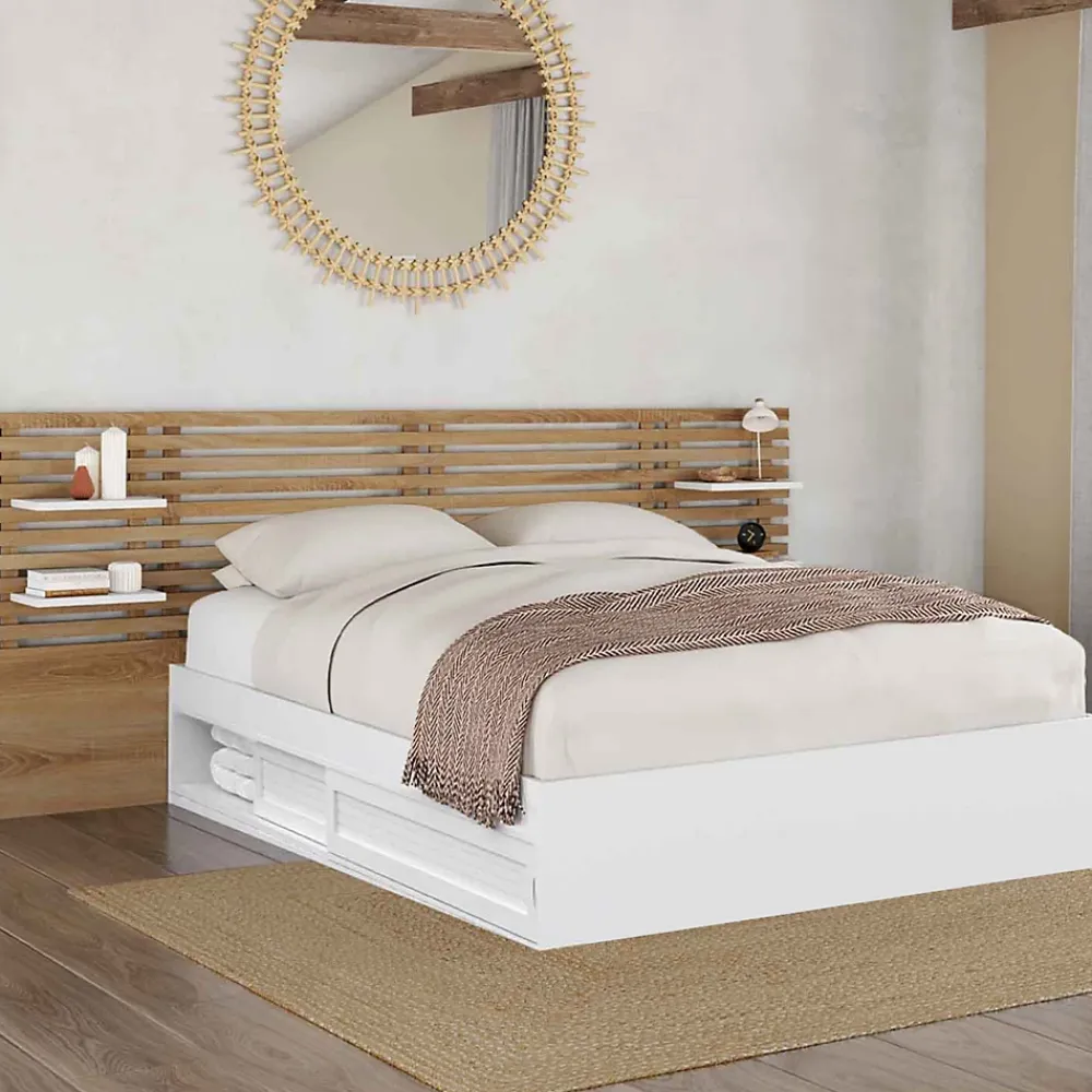 IDMarket Lit double SAVANA avec tête de lit, chevets, rangements et sommier 140 x 190 cm blanc et façon hêtre* Lit Avec Rangement