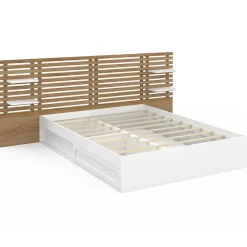 IDMarket Lit double SAVANA avec tête de lit, chevets, rangements et sommier 140 x 190 cm blanc et façon hêtre* Lit Avec Rangement