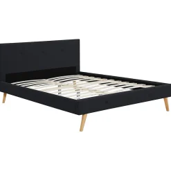 IDMarket Lit double scandinave OSLO avec tête de lit et sommier 140 x 190 cm tissu noir* Lit Avec Rangement