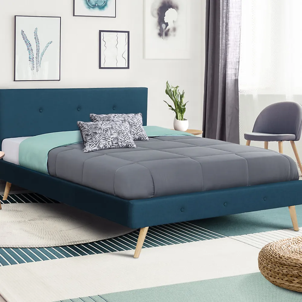 Lit double scandinave OSLO avec tête de lit et sommier 160 x 200 cm tissu bleu canard>IDMarket New