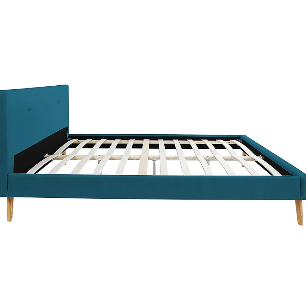 Lit double scandinave OSLO avec tête de lit et sommier 160 x 200 cm tissu bleu canard>IDMarket New