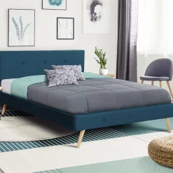 Lit double scandinave OSLO avec tête de lit et sommier 140 x 190 cm tissu bleu canard>IDMarket Clearance
