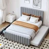 Lit double velours 140x190 cm, lit gigogne, 2 tiroirs - gris>Blackcolors