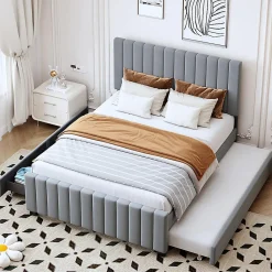 Lit double velours 140x190 cm, lit gigogne, 2 tiroirs - gris>Blackcolors