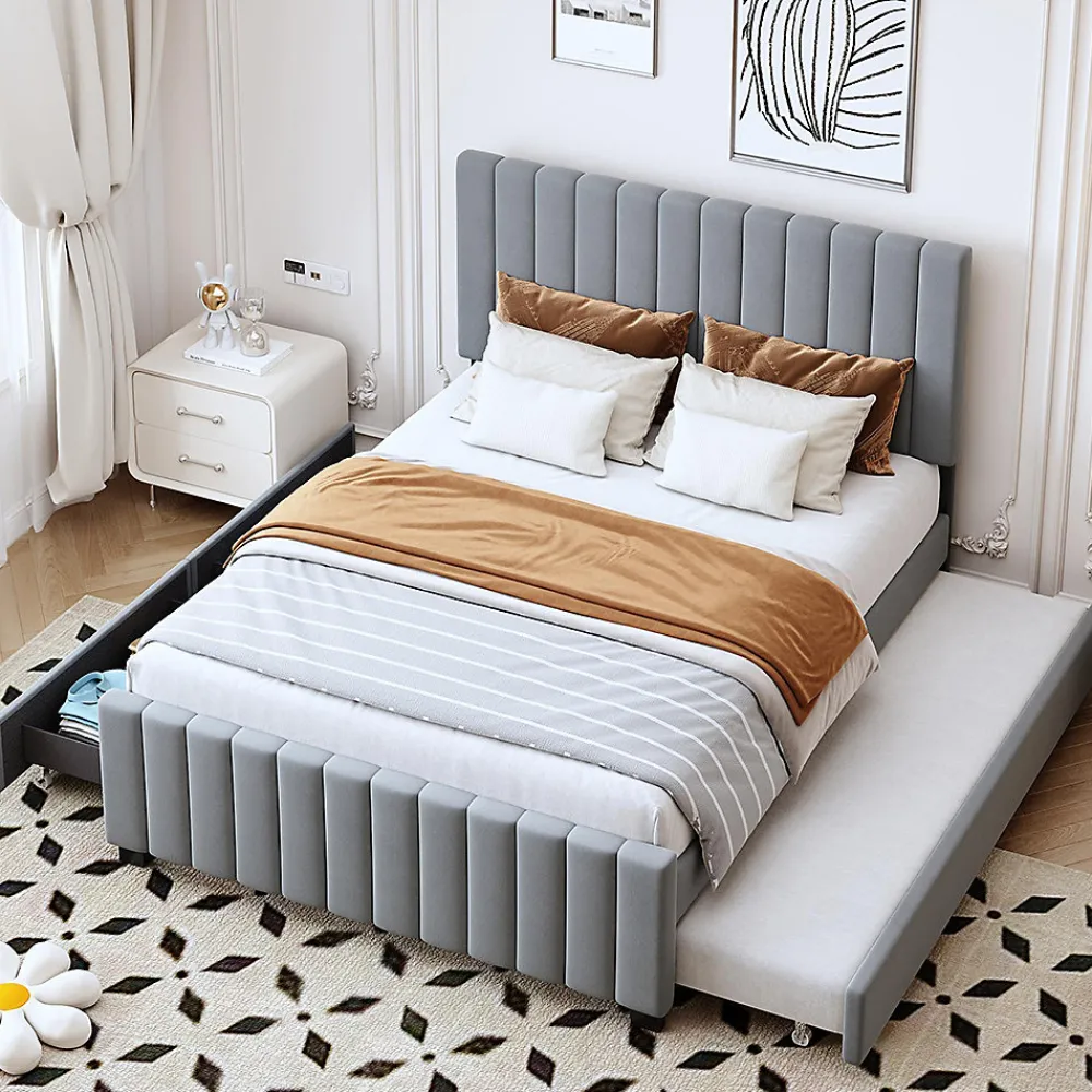 Lit double velours 140x190 cm, lit gigogne, 2 tiroirs - gris>Blackcolors