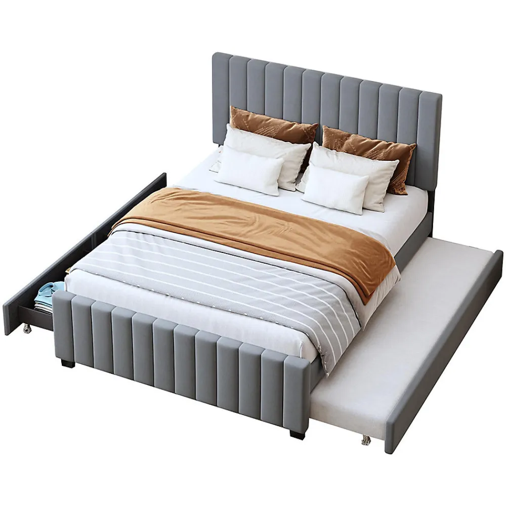 Lit double velours 140x190 cm, lit gigogne, 2 tiroirs - gris>Blackcolors