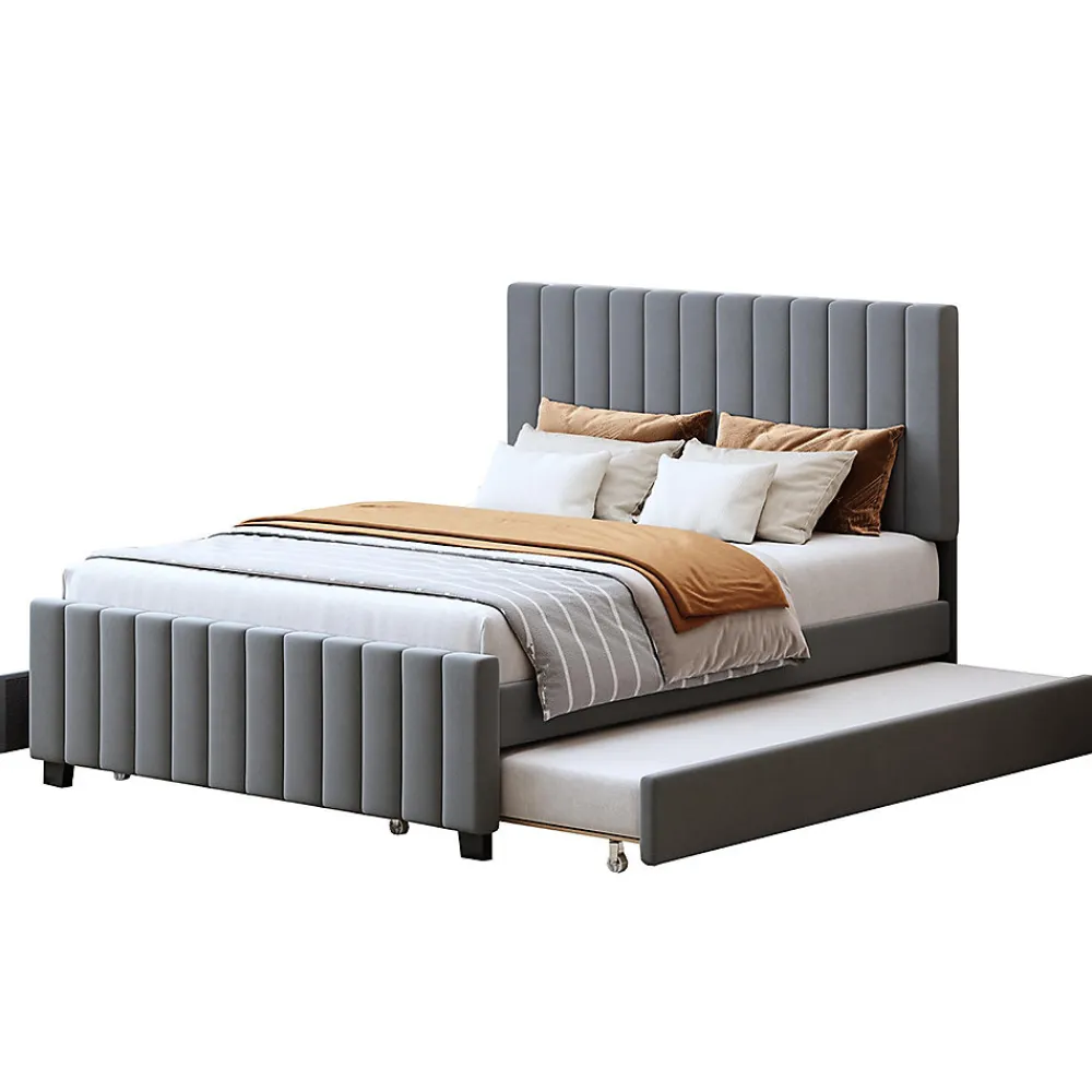 Lit double velours 140x190 cm, lit gigogne, 2 tiroirs - gris>Blackcolors