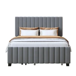 Lit double velours 140x190 cm, lit gigogne, 2 tiroirs - gris><noscript><img width=