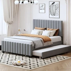Lit double velours 140x190 cm, lit gigogne, 2 tiroirs - gris><noscript><img width=