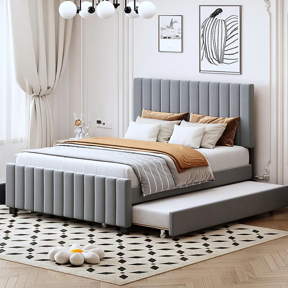 Lit double velours 140x190 cm, lit gigogne, 2 tiroirs - gris>Blackcolors