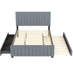 Lit double velours 140x190 cm, lit gigogne, 2 tiroirs - gris><noscript><img width=