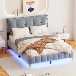 Lit Double 140x200 - Lit avec Éclairage LED, avec Sommier À Lattes, Sans Matelas, Velours Gris et Pieds Métalliques>Okwish Sale
