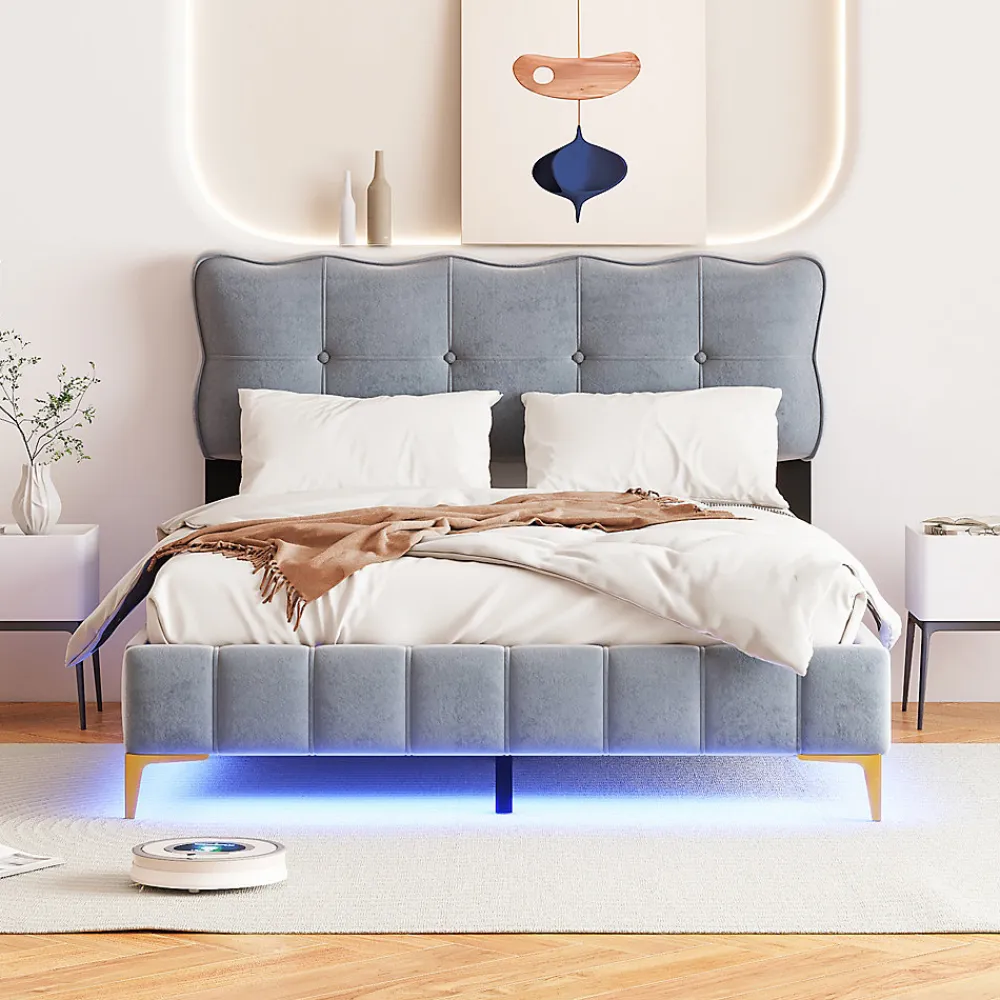 Lit Double 140x200 - Lit avec Éclairage LED, avec Sommier À Lattes, Sans Matelas, Velours Gris et Pieds Métalliques>Okwish Sale