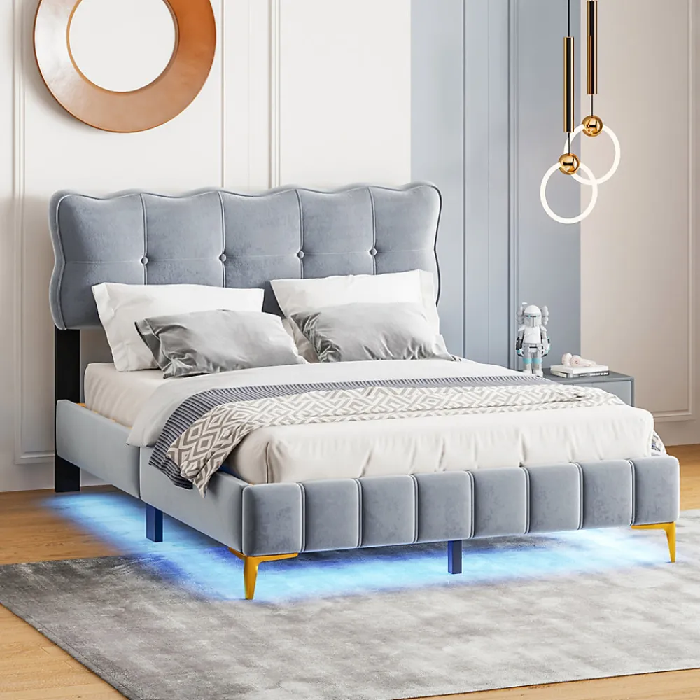 Lit Double 140x200 - Lit avec Éclairage LED, avec Sommier À Lattes, Sans Matelas, Velours Gris et Pieds Métalliques>Okwish Sale