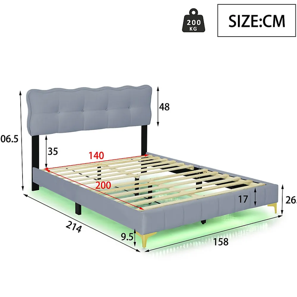 Lit Double 140x200 - Lit avec Éclairage LED, avec Sommier À Lattes, Sans Matelas, Velours Gris et Pieds Métalliques>Okwish Sale