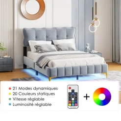 Lit Double 140x200 - Lit avec Éclairage LED, avec Sommier À Lattes, Sans Matelas, Velours Gris et Pieds Métalliques><noscript><img width=