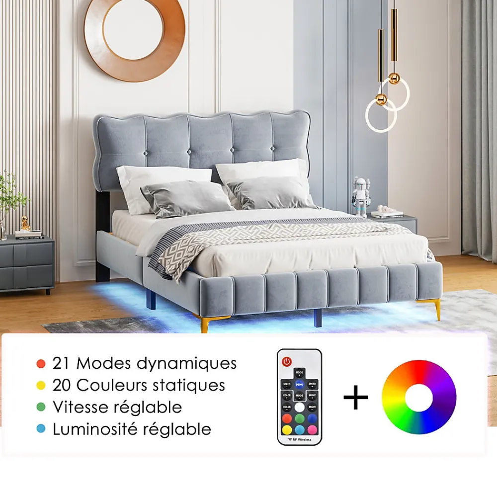 Lit Double 140x200 - Lit avec Éclairage LED, avec Sommier À Lattes, Sans Matelas, Velours Gris et Pieds Métalliques>Okwish Sale