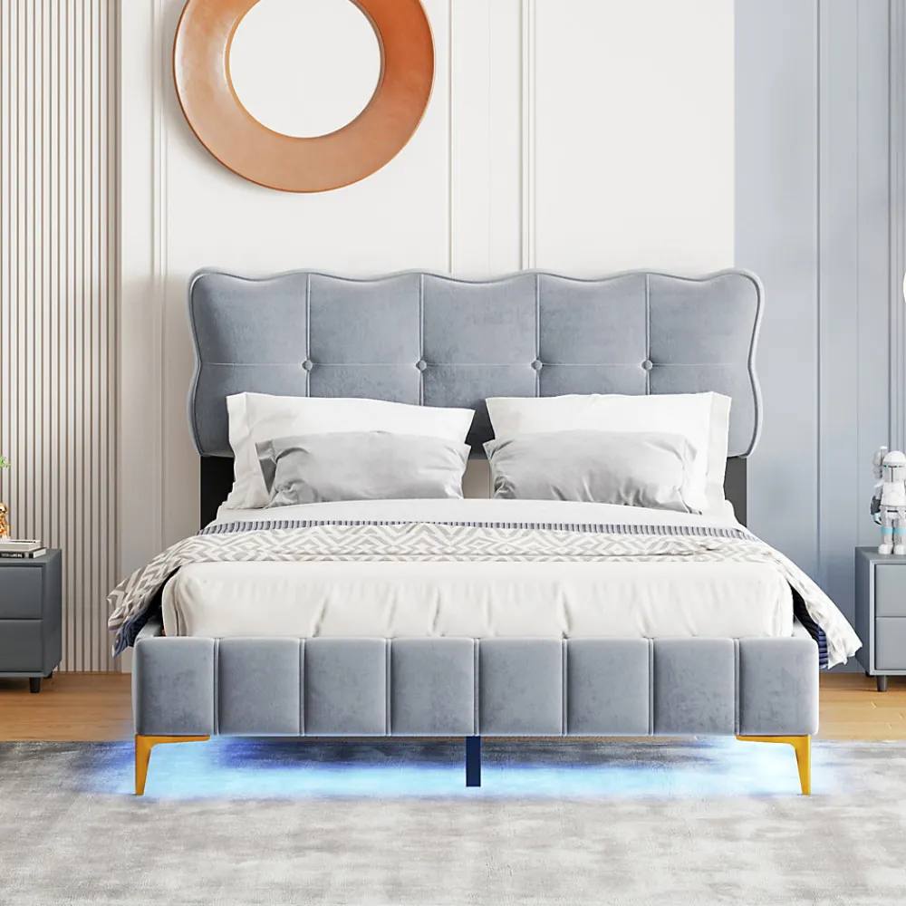 Lit Double 140x200 - Lit avec Éclairage LED, avec Sommier À Lattes, Sans Matelas, Velours Gris et Pieds Métalliques>Okwish Sale