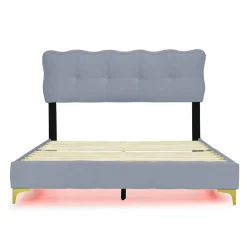 Lit Double 140x200 - Lit avec Éclairage LED, avec Sommier À Lattes, Sans Matelas, Velours Gris et Pieds Métalliques><noscript><img width=