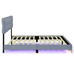 Lit Double 140x200 - Lit avec Éclairage LED, avec Sommier À Lattes, Sans Matelas, Velours Gris et Pieds Métalliques><noscript><img width=