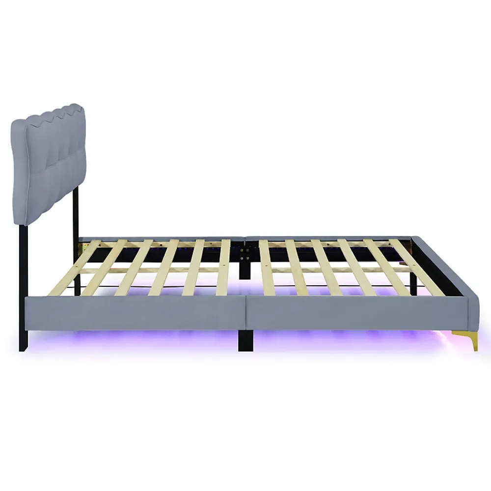Lit Double 140x200 - Lit avec Éclairage LED, avec Sommier À Lattes, Sans Matelas, Velours Gris et Pieds Métalliques>Okwish Sale