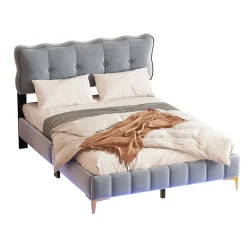Lit Double 140x200 - Lit avec Éclairage LED, avec Sommier À Lattes, Sans Matelas, Velours Gris et Pieds Métalliques><noscript><img width=