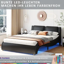 Okwish Lit Double 140x200 - Lit avec Éclairage LED et Sommier À Lattes, Sans Matelas, Simili Cuir Noir* Lit Double