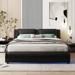 Okwish Lit Double 140x200 - Lit avec Éclairage LED et Sommier À Lattes, Sans Matelas, Simili Cuir Noir* Lit Double