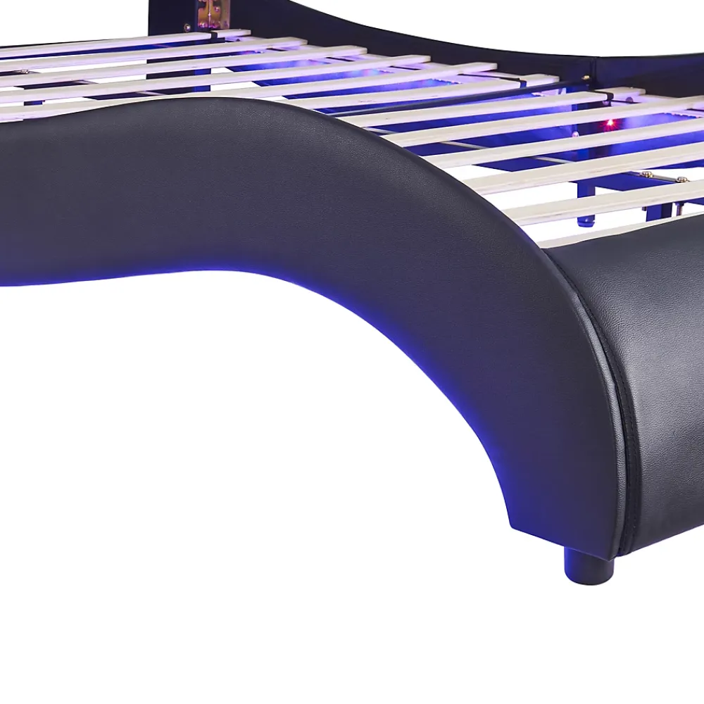 Okwish Lit Double 140x200 - Lit avec Éclairage LED et Sommier À Lattes, Sans Matelas, Simili Cuir Noir* Lit Double