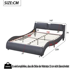 Okwish Lit Double 140x200 - Lit avec Éclairage LED et Sommier À Lattes, Sans Matelas, Simili Cuir Noir* Lit Double