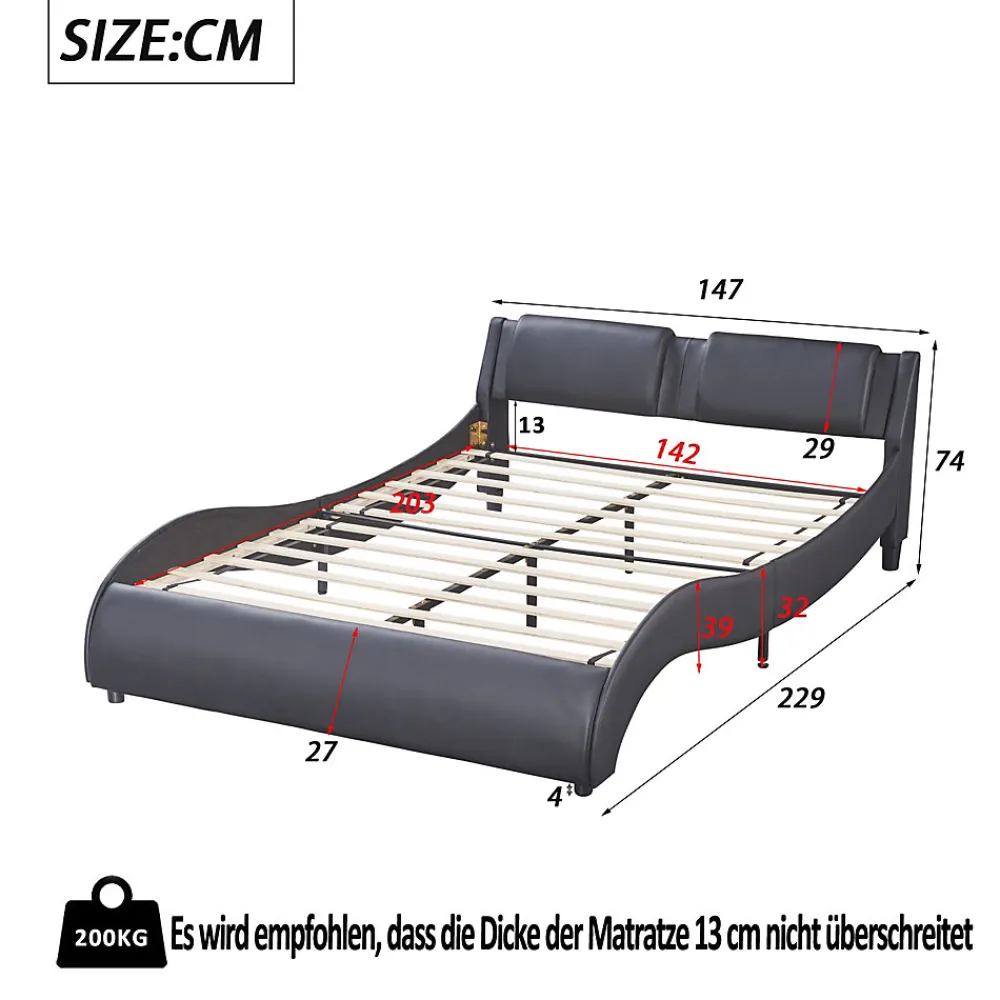 Okwish Lit Double 140x200 - Lit avec Éclairage LED et Sommier À Lattes, Sans Matelas, Simili Cuir Noir* Lit Double