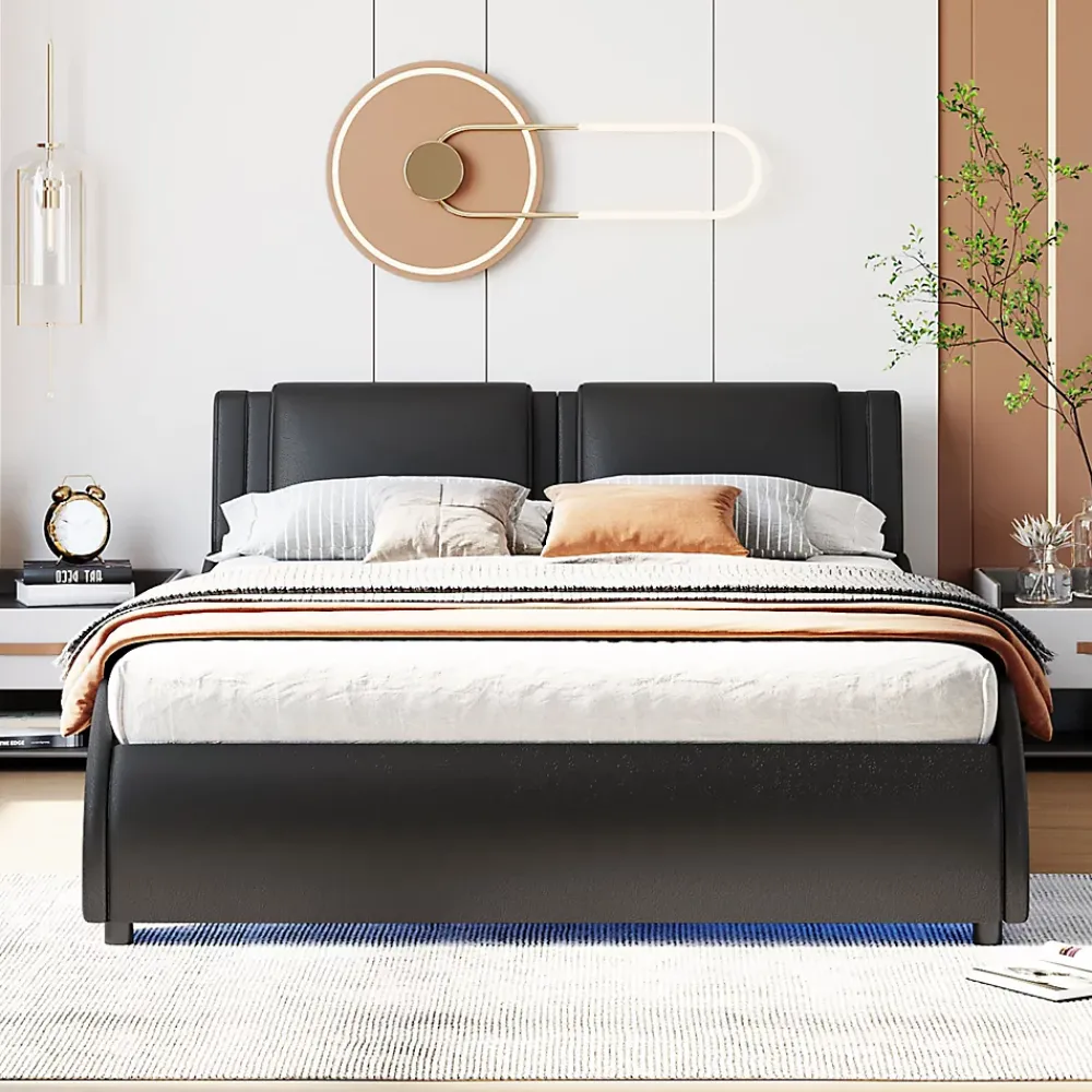 Okwish Lit Double 140x200 - Lit avec Éclairage LED et Sommier À Lattes, Sans Matelas, Simili Cuir Noir* Lit Double