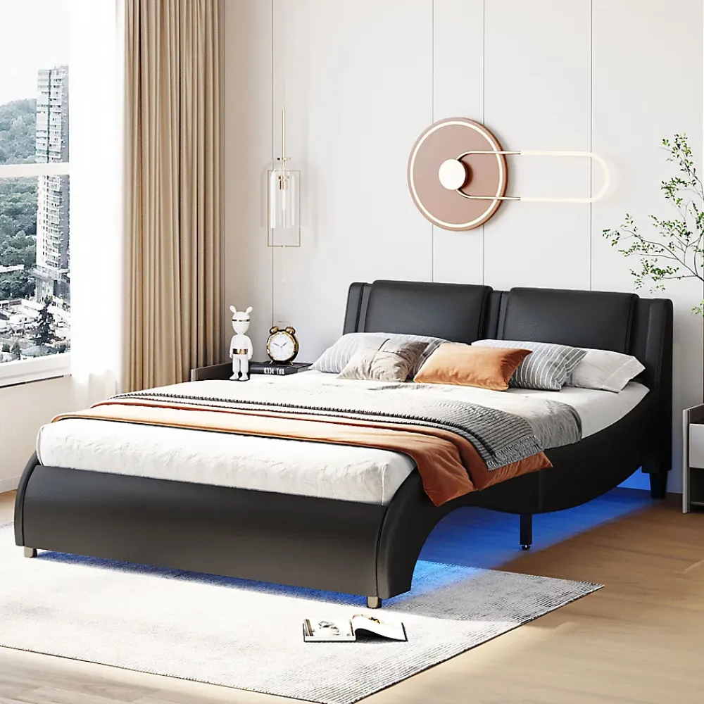 Okwish Lit Double 140x200 - Lit avec Éclairage LED et Sommier À Lattes, Sans Matelas, Simili Cuir Noir* Lit Double