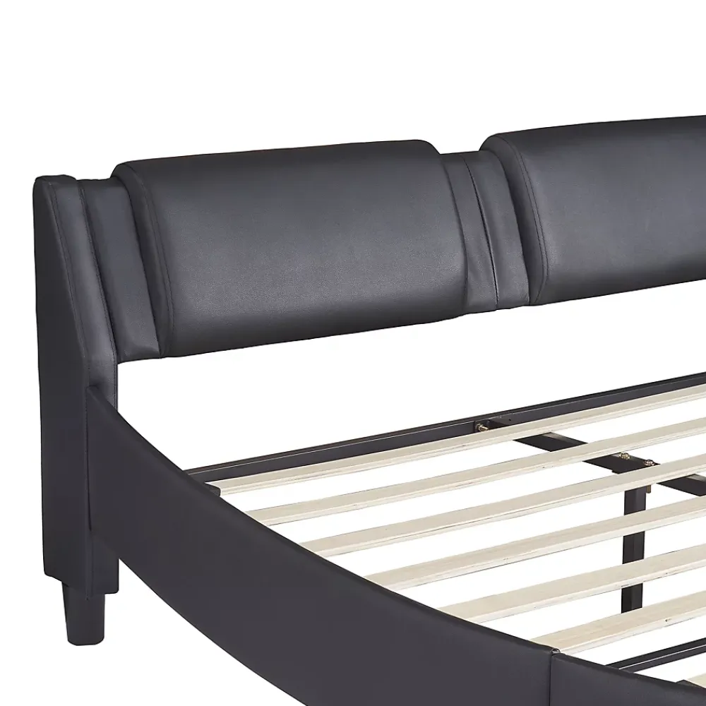 Okwish Lit Double 140x200 - Lit avec Éclairage LED et Sommier À Lattes, Sans Matelas, Simili Cuir Noir* Lit Double