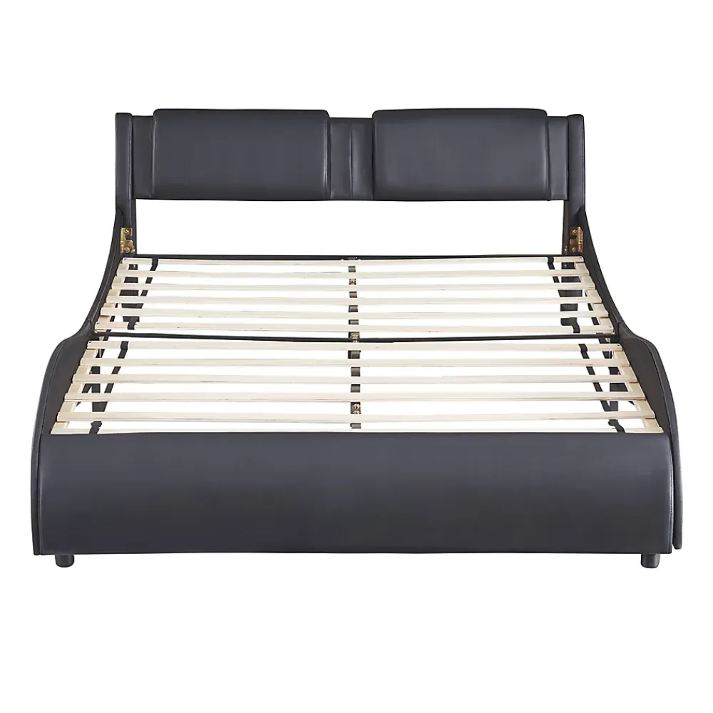 Okwish Lit Double 140x200 - Lit avec Éclairage LED et Sommier À Lattes, Sans Matelas, Simili Cuir Noir* Lit Double