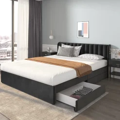 Generique Lit Double 180x200 - Lit Capitonné en Velours Noir avec 2 Tiroirs, Lit Adulte Moderne avec Rangement* Lit Double