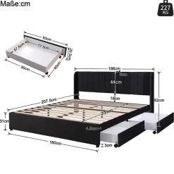 Generique Lit Double 180x200 - Lit Capitonné en Velours Noir avec 2 Tiroirs, Lit Adulte Moderne avec Rangement* Lit Double