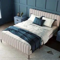 Generique Lit double 160x200 - Lit rembourré avec cadre en bois et métal - Lin - Sans Matelas - Beige* Lit Double