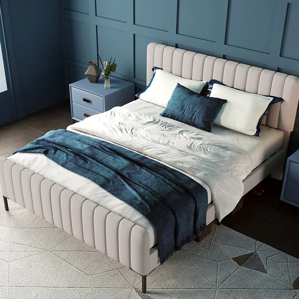 Generique Lit double 160x200 - Lit rembourré avec cadre en bois et métal - Lin - Sans Matelas - Beige* Lit Double