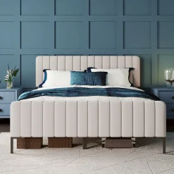 Generique Lit double 160x200 - Lit rembourré avec cadre en bois et métal - Lin - Sans Matelas - Beige* Lit Double