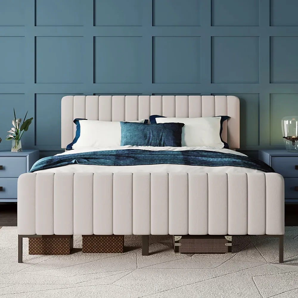 Generique Lit double 160x200 - Lit rembourré avec cadre en bois et métal - Lin - Sans Matelas - Beige* Lit Double