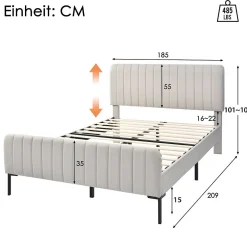 Lit double 180x200 - Lit rembourré avec cadre en bois et métal - Lin - Sans Matelas - Beige><noscript><img width=