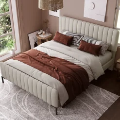 Lit double 180x200 - Lit rembourré avec cadre en bois et métal - Lin - Sans Matelas - Beige><noscript><img width=