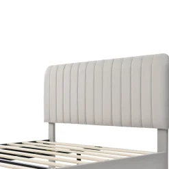 Lit double 140x200 - Lit rembourré avec cadre en bois et métal - Lin - Sans Matelas - Beige><noscript><img width=