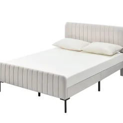 Lit double 140x200 - Lit rembourré avec cadre en bois et métal - Lin - Sans Matelas - Beige><noscript><img width=