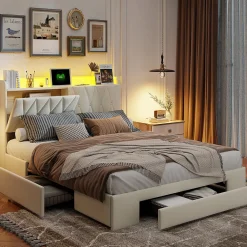 lit double 160x200 avec tiroirs,lit capitonné,rangement tête de lit, tête de lit ouverte,chargement USB,LED réglable,velours,beige>Generique Online