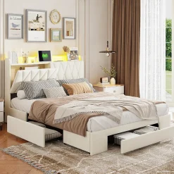 lit double 160x200 avec tiroirs,lit capitonné,rangement tête de lit, tête de lit ouverte,chargement USB,LED réglable,velours,beige>Generique Online