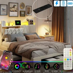 lit double 160x200 avec tiroirs,lit capitonné,rangement tête de lit, tête de lit ouverte,chargement USB,LED réglable,velours,beige><noscript><img width=
