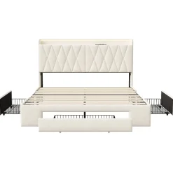 lit double 160x200 avec tiroirs,lit capitonné,rangement tête de lit, tête de lit ouverte,chargement USB,LED réglable,velours,beige><noscript><img width=